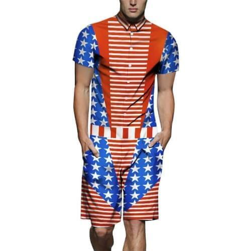 New Summer Men Fashion Design Romper 3D Star Stripe Print Playsuit Male Short Sleeve Beach Sets Casual Jumpsuit Overalls US Size
