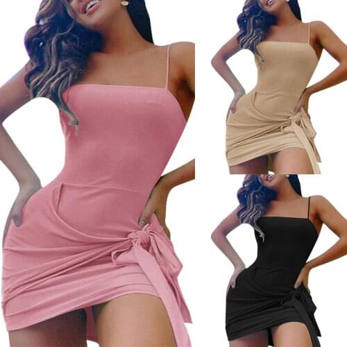 Summer Solid Color Sleeveless Sexy Dress Women Female Spaghetti Strap Short Mini Bowknot Dresses Ladies Party Clubwear Vestidos
