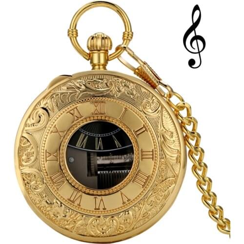 Luxury Golden Pocket Watch City Sky Musical Watches Quartz Analog Display Roman Number Case Pendant Chain Collectable Clock Gift