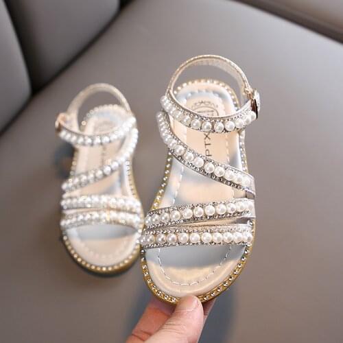 KAMUCC Girls Beading Sandals Summer Fashion Kids Baby Girls Bling Rhinestone Princess Single Sandals for Little Big Girls Shoes