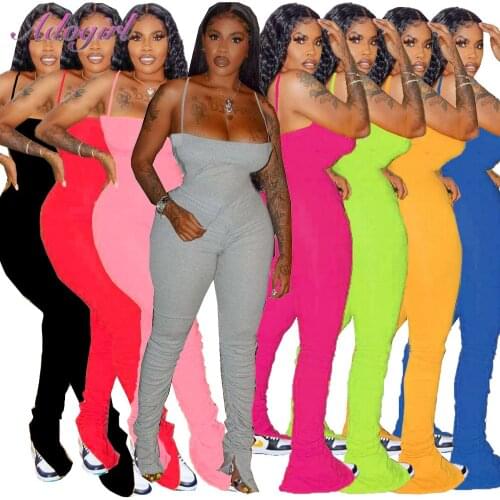 Sexy Solid Spaghetti Strap Ruched Pleated Night Party Jumpsuit Women Backless Stacked Flare Pants Outfit Street Rompers Fitness