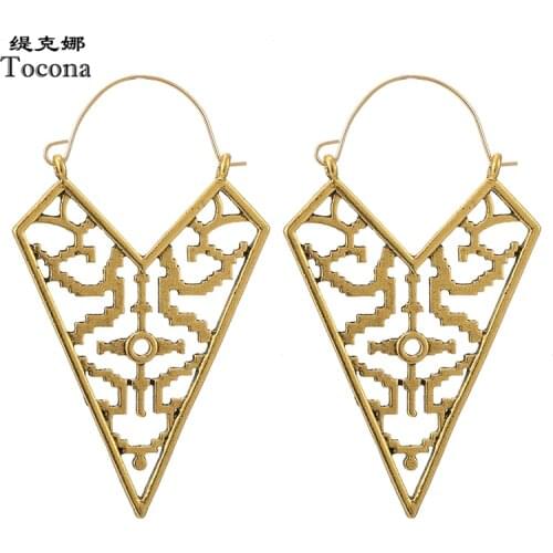 Tocona Vintage Gold Silver Color Drop Earring for Women Hollow Triangle Geometric Dangle Drop India Party Jewelry Wholesale 9663