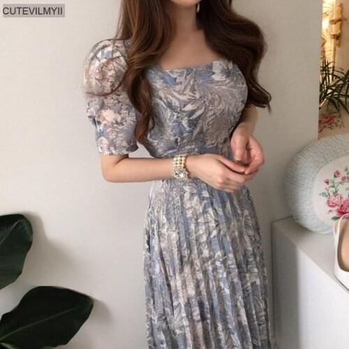 Korean One-Piece Summer Chic Vestidos 2021 Fashion Elegant Square Collar Floral Chiffon Dress WomenS Pleated Long Dress