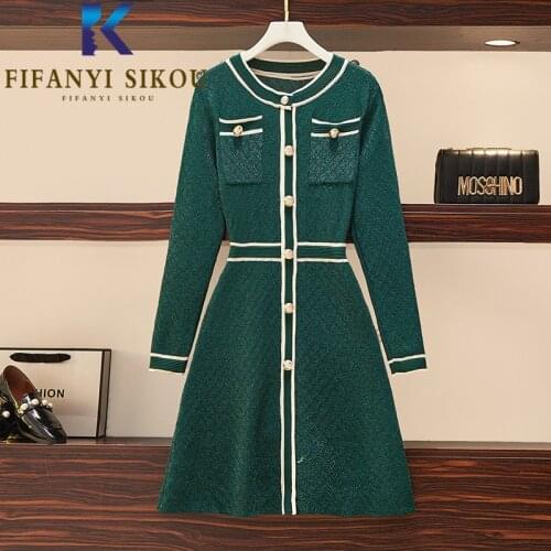 High Quality Knitted Dress Women Single Breasted O-Neck Long Sleeve Mid Long Dress Ladies Loose Plus Size High Waist Party Dress