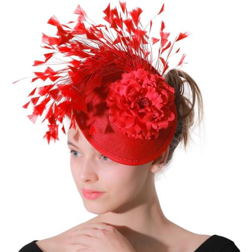New Style Ladies Hair Fascinator Red Hats with Fancy Floral on Haiirbands for Women Elegant Party Married Race Feathers Headwear