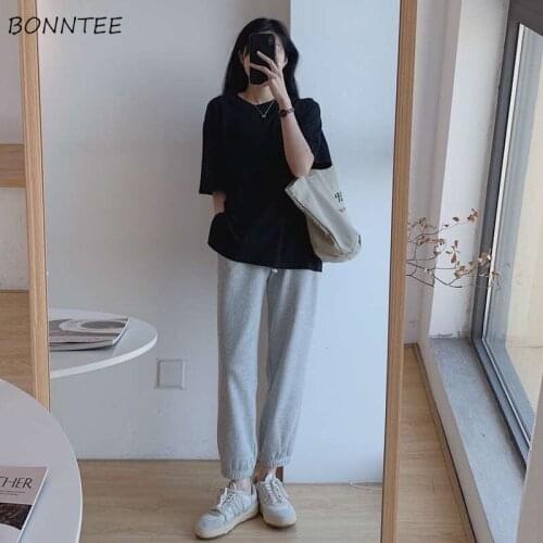 Sets Women Symmer Simple Solid Short Sleeve T-shirts Female Korean Style Loose Harm Pants Harajuku Casual Two Piece Outfits Chic