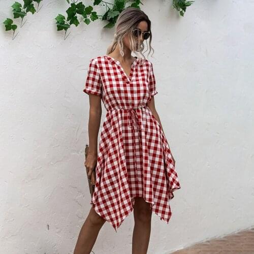 Shyloli V-neck Plaid Print Irregular Pettiskirt Office Mini Dresses Elegant High Waist Band Plus Size Bodycon Female Dress 2020