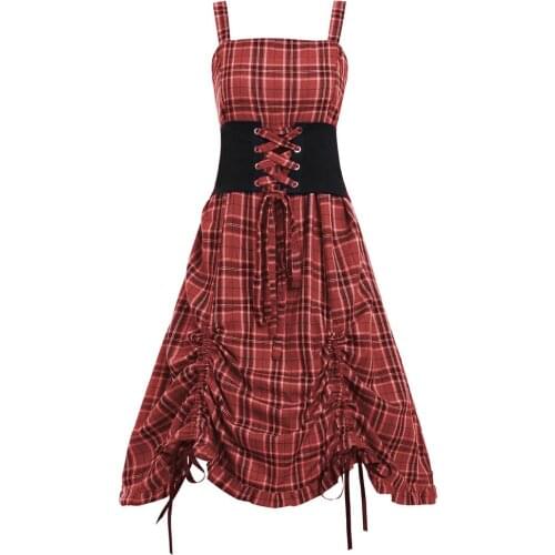 Red Retro Vintage Women Dress Spring Plaid Print Party Dress Spaghetti Strap Dresses Ladies Lace-Up 2021 New Fashion QY0825