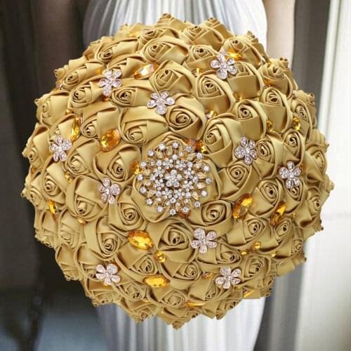 1pc/lot Gold Bridal Wedding Bouquet Satin Rose Artificial Flowers Wedding Bouquet de novia On Sale
