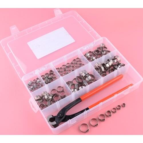 140pcs 7-size Single Ear Hose Clamps Cinch Rings Crimp + Crimping Tool Kit 304 Stainless Steel