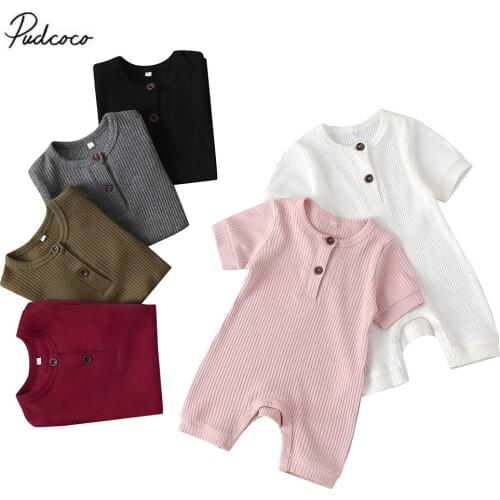 2020 Newborn Baby Boy Girl Clothes Short Sleeve Knitted Baby Girls Cotton Rompers Solid Button Jumpsuit One-Pieces Clothes