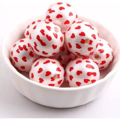 Valentines Day 100pcs/lot 20mm Chunky Imitation pearl print red heart acrylic bubblegum ball beads for kids jewelry making