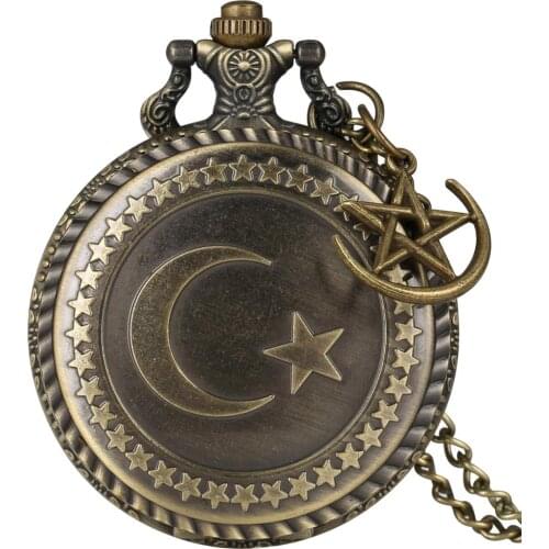 Antique Bronze Turkish Flag Design Moon and Star Theme Quartz Pocket Watch With Necklace Chain
