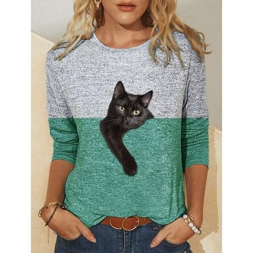 Cartoon T-shirt Spring Hot Sale Fashion Top Womens Long Sleeve 3D Printed Cat Pattern Fun O-Neck Pullover Breathable Clothes