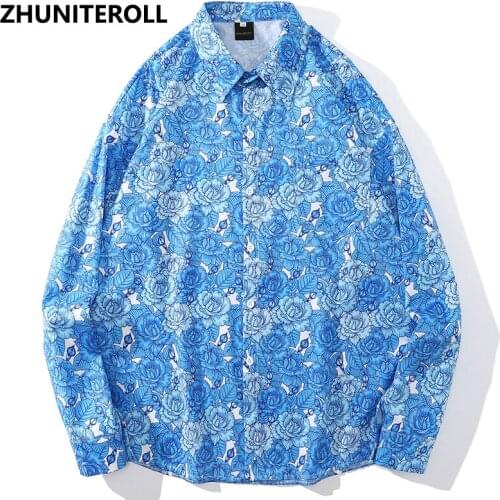 2021 Men Harajuku Hawaiian Shirt Hip Hop Streetwear Rose Print Beach Shirt Summer Long Sleeve Aloha Shirt Fashion Casual Tops