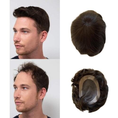 BYMC Swiss Lace & PU Toupee Replacement Systems Handmade Men Wig Hairpiece Natural Remy Indian Human Hair 6 Inch