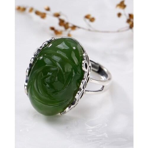 Hot silver S925 pure silver retro natural Hetian jade Jasper mosaic lady high-end open ring ring wholesale