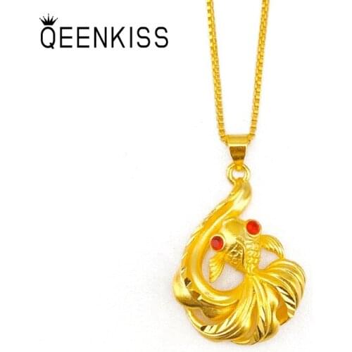 QEENKISS PT536 Fine Jewelry Wholesale Fashion Woman Girl Birthday Wedding Gift Goldfish Zircon 24KT Gold Pendant Charm NO CHAIN