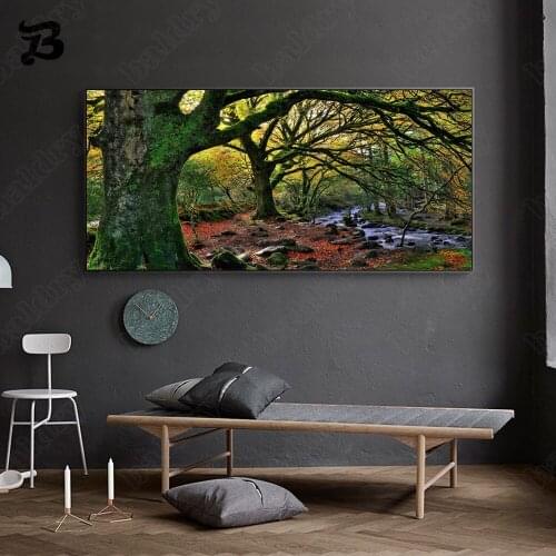 Canvas Painting Nordic Modern Landscape Art Painting Big Tree Stream River and Forest Posters Prints for Living Room Home Decor