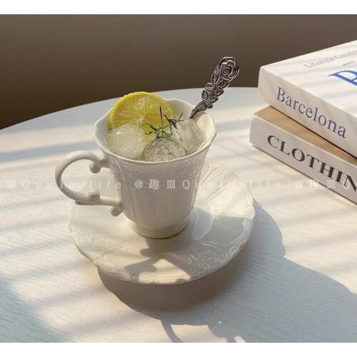 Ins Style French Court Relief Coffee Cup Ceramic Cup Afternoon Tea Cup Saucer Drinking Set Plate Coffee Shop Latte Cup