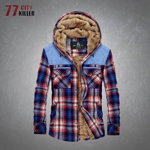 Military Plaid Shirt Jacket Men Winter Fleece Warm Hooded Cotton Jackets Male Casual Patchwork Bomber Tactical Mens Plaid Coats