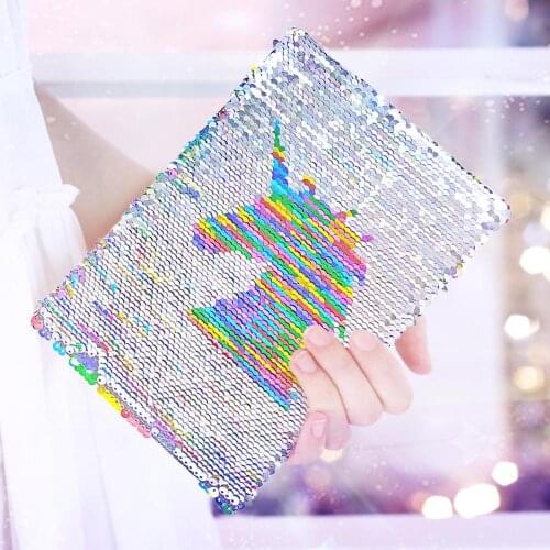 Girls Cute Unicorn Sequin Journal Notebook with Ballpoint Pen Reversible Double-sided Sequin Student Stationery Kid School Gifts