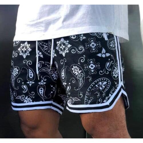5 Styles Men Irregular Hem Sport Shorts with Pockets Stripe/Floral/Camouflage Print Drawstring Short Pants Exercise Shorts