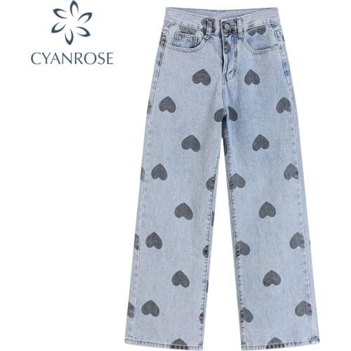 2021 New Women Stretch High Waist Classic Fashion Streewear Jeans Heart Printed Trousers Casual Harajuku Jeans Straight Pants