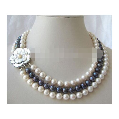 P3396 -AAA 3row 17-19" 9mm natural white & black round freshwater pearl necklace