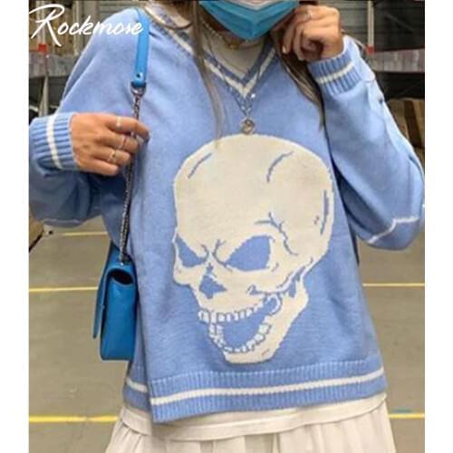 Rockmore WomenS Oversize Sweater Skull Print V Neck Long Sleeve Cardigans For Women 2020 Loose Woman Jumper Streetwear Autumn