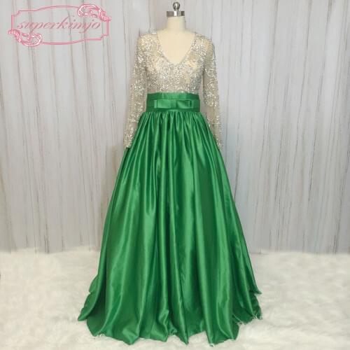 SuperKimJo Luxury Crystal Beaded Prom Dresses with Rhinestones Long Sleeve V Neck Hunter Green Prom Gown Vestido De Festa