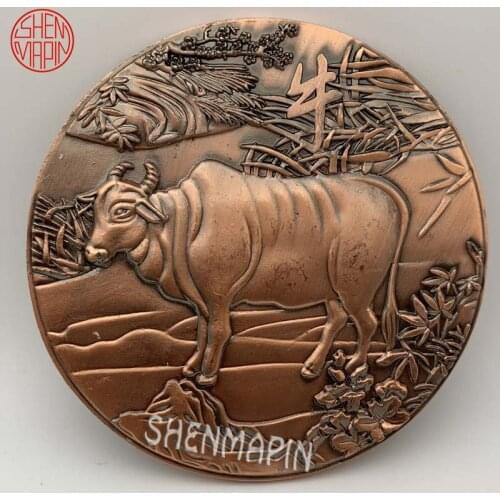 Three-dimensional Relief Double Sided Cow Commemorative Coin Chinese Culture Zodiac Cow Red Copper Art Coins Collectibles