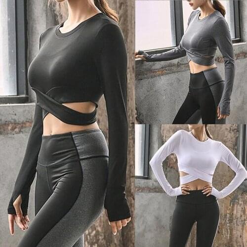 Streetwear Sexy Crop Top Long Sleeve Women T-Shirt Round Neck Cross Tee Shirts Femme Black Tops