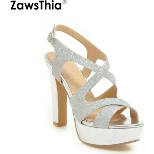 ZawsThia 2020 new thin high heels ladies shoes platform open toe woman sandals cross strap buckle silver glitter bling sandals