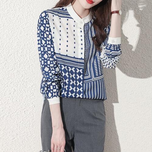 Print Womens Blouse Striped Polo Girls Shirt New Chiffon Plus Size Casual Loose Long Sleeve Top Summer Lady Blusas Houthion