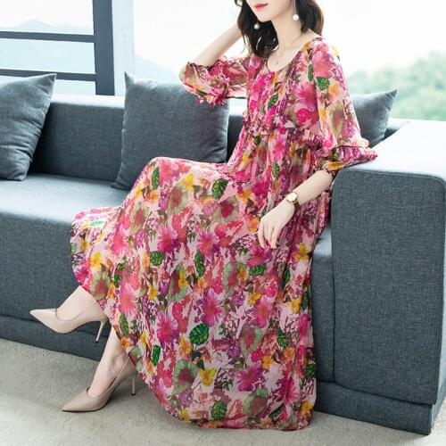 2020 Women Spring Summer Dress Sexy Print Dresses Party Vintage Elegant Casual Fashion Imitate Chiffon Dress Plus Size m177