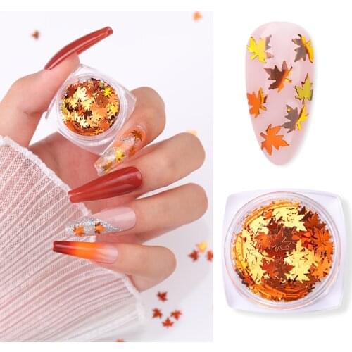 1 Box 3D Maple Leaves Nail Art Sequines Holographics Gold Red Thin Paillette Flakes Autumn Manicures For Nail Art Decoration