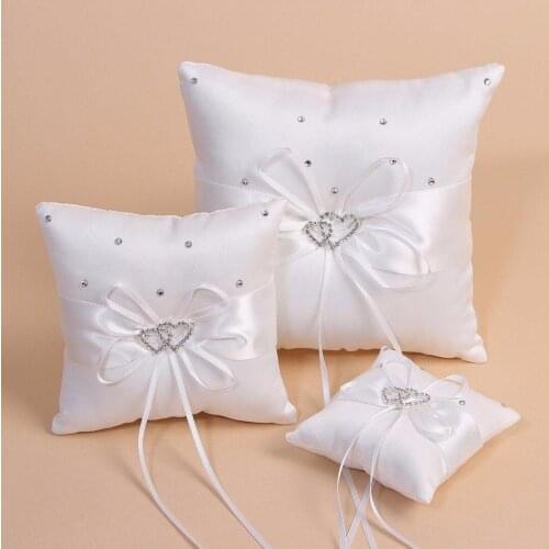 10/15/20 CM White Romantic Satin Heart Wedding Party Pocket Ring Bearer Pillow Cushion Gift