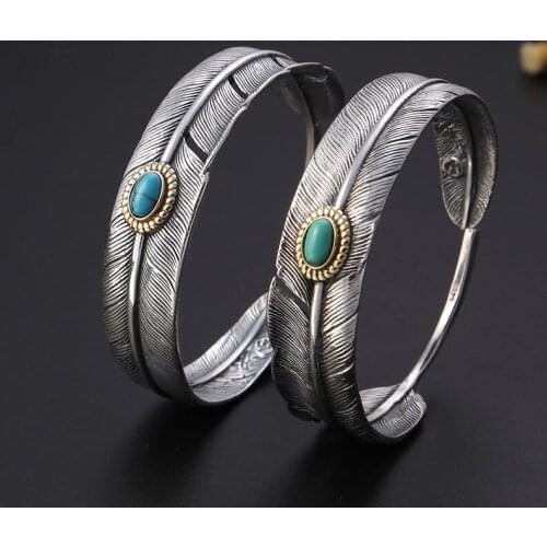 925 Sterling Silver Feather Shape Open Cuff Bangle&Bracelet Thai silver feather Bangles Puck Classic Blue Green stone Jewelry