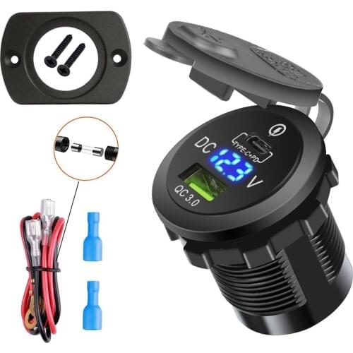 PD QC3.0 Dual USB Charger Socket Adapter With LED Voltmeter Waterproof Dustproof Cover For 12/24V Car Motorcycle Boat