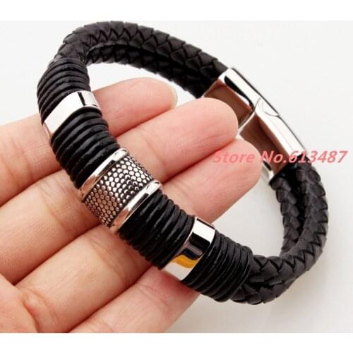 8.46" *12mm Fashion Black Genuine Leather Mens Womens Silver Color 316L Stainless Steel Bracelet Bangles Jewelry Gift