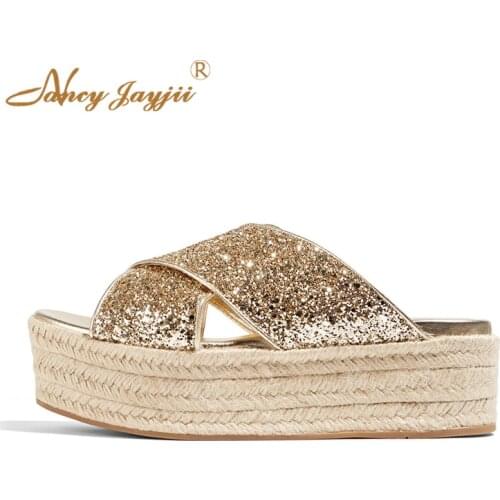 Espadrille Gold Slippers Platform Flat Slide Glitter Bling Casual Shoes For Women House Party Outside High Heels Big Size 45 46