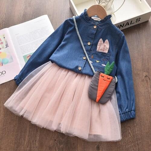 New 3pcs Childrens Dress Suit Girls Clothes Cartoon Embroidered Denim Shirt Suit Skirt + Bag Baby Wear Girls Clothing