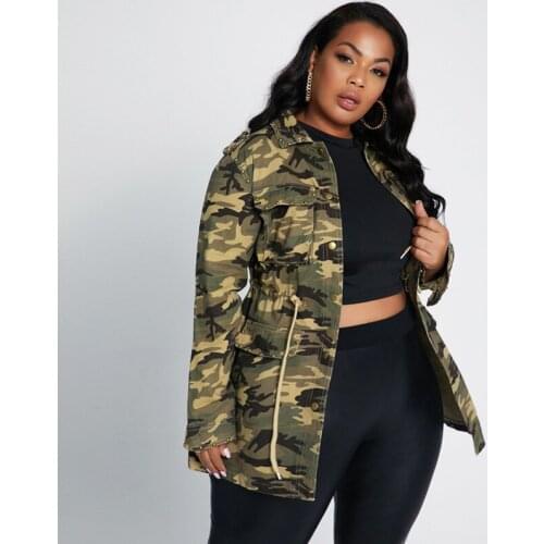 Women Rivet Patch Plus Size Long Sleeve Jacket S-5X Spring Clothes for Coat Drawing Slim Streetwear Camouflage Dropshipping