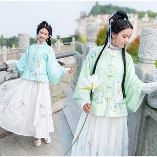 Square Tan collar half arm water sleeve standing collar upper Ruming Han dynasty womens ancient waist length skirt set