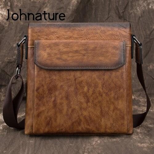 Johnature 2021 New Retro First Layer Cow Leather Men Bag Business Solid Color Shoulder & Crossbody Bags Casual Man Messenger Bag