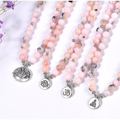 New 108Mala Bracelet Women Meditation Natural Stone Pink Opal Buddha Lotus Charm Yoga Healing Heart Chakra Jewelry Rosary Bead