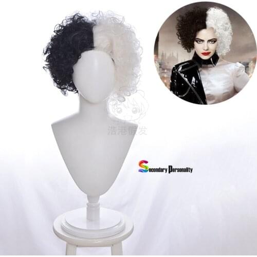 Cruella De Vil Kuila Wig Cosplay Black and White Halloween Party Masquerade Props Short Heat Resistant Synthetic Hair Fashion