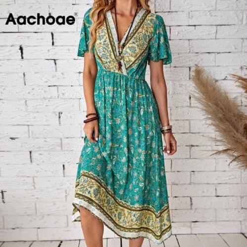 Aachoae Summer Women Boho Floral Printed A Line Dress Chic V Neck Butterfly Short Sleeve Beach Dress Ladies Casual Sundress