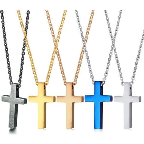 Christian Cross Pendant Necklace for Men Women Blue / Gold / Silver Color Stainless Steel Chain Vintage Jewelry Gift